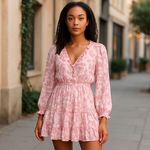 Homebody Pink Floral Ruffle Mini Dress Women’s Size M Long Sleeve Smocked Waist